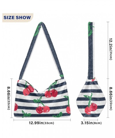 Fruit Women Boho Handbag Cherry Navy Stripes Underarm Bag Tote Bag Shoulder Bag Crossbody Bag Fluffy Cell Phone Purse Patriot...