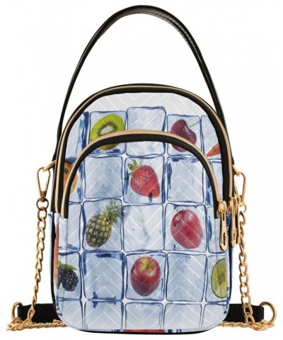 Various Fruits in Ice Cube Wall Small Crossbody Bag Functional Multi Pocket Bag Shoulder Handbag $15.36 Crossbody Bags