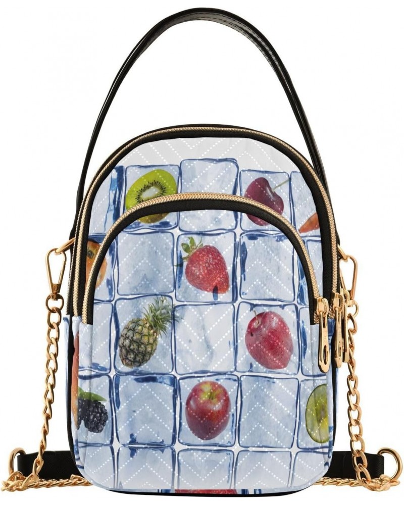 Various Fruits in Ice Cube Wall Small Crossbody Bag Functional Multi Pocket Bag Shoulder Handbag $15.36 Crossbody Bags