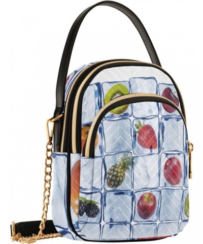 Various Fruits in Ice Cube Wall Small Crossbody Bag Functional Multi Pocket Bag Shoulder Handbag $15.36 Crossbody Bags