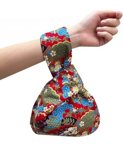 Stylish Cotton Japanese Pattern Wrist Bag Sleeve Knot Pouch Portable Canvas Tote Purse for Female, Women Blue Flowers on Red ...