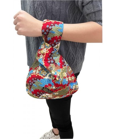 Stylish Cotton Japanese Pattern Wrist Bag Sleeve Knot Pouch Portable Canvas Tote Purse for Female, Women Blue Flowers on Red ...