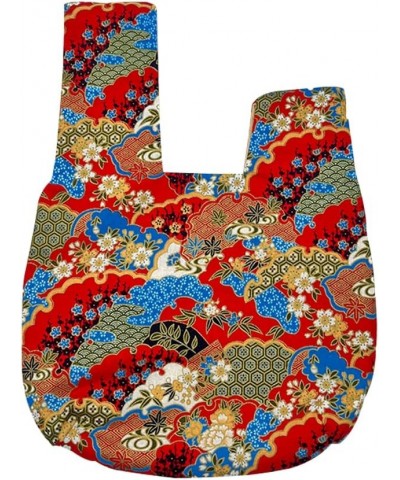 Stylish Cotton Japanese Pattern Wrist Bag Sleeve Knot Pouch Portable Canvas Tote Purse for Female, Women Blue Flowers on Red ...