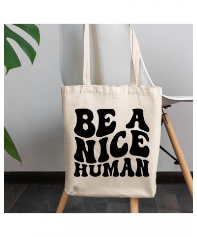 Be a Nice Human Quote, Groovy Retro Wavy Text Merch Gift, 12oz Canvas Tote Bag $12.15 Totes