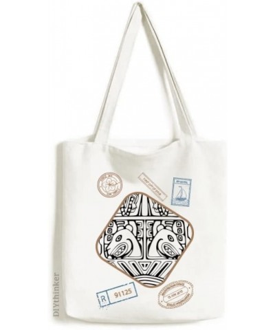 Indian Line Drawing Totem Pole Face Stamp Shopping Ecofriendly Storage Canvas Tote Bag $15.50 Totes