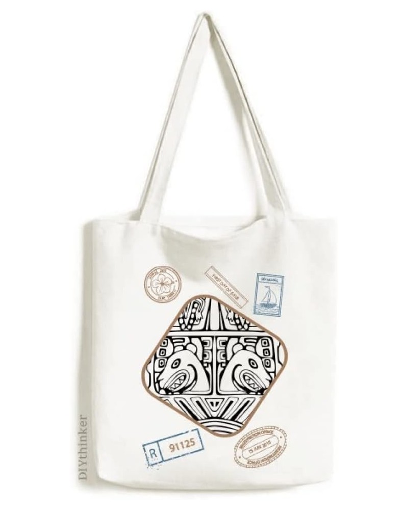 Indian Line Drawing Totem Pole Face Stamp Shopping Ecofriendly Storage Canvas Tote Bag $15.50 Totes