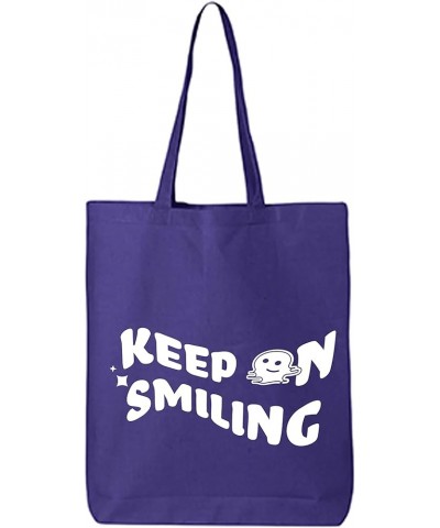 Keep On Smiling Cotton Canvas Tote Bag Purple $11.75 Totes