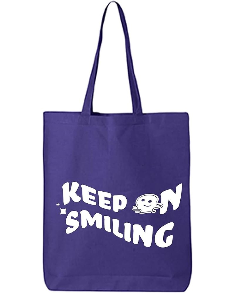 Keep On Smiling Cotton Canvas Tote Bag Purple $11.75 Totes