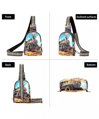 Women's Sling Bag West Steam Train Print with Adjustable Strap Zipper Closure, PU Leather Water Resistant Crossbody Bag Purse...