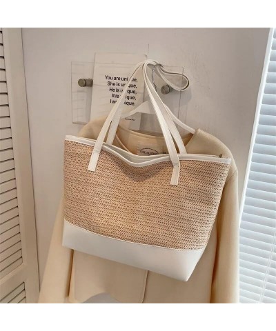 2023 Summer Female Beach Texture Straw Braided One Shoulder Portable Tote Bag White $11.66 Crossbody Bags