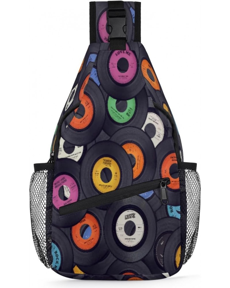 Music Record CD Pattern Sling Crossbody Bag for Women Men, Sling Backpack Travel Hiking Casual Daypack Chest Bag Purse Should...