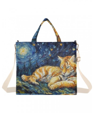 Corduroy Women Tote Bag Van Gogh Tiger Print, Handbag Purses with Detachable Strap Small Size $14.45 Crossbody Bags