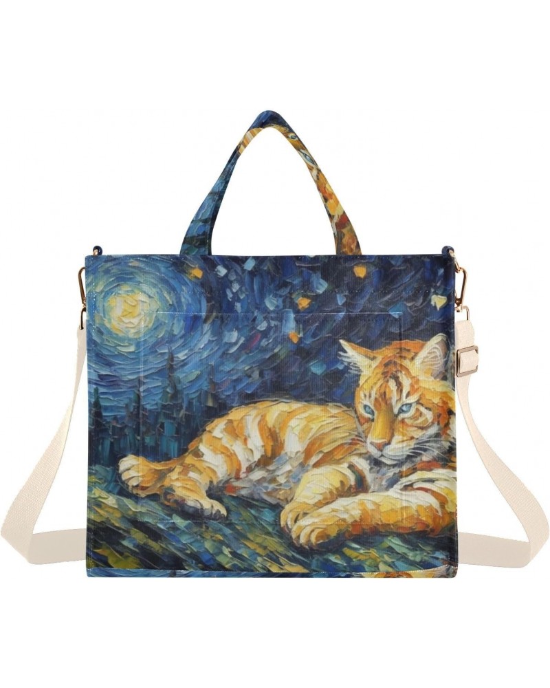 Corduroy Women Tote Bag Van Gogh Tiger Print, Handbag Purses with Detachable Strap Small Size $14.45 Crossbody Bags