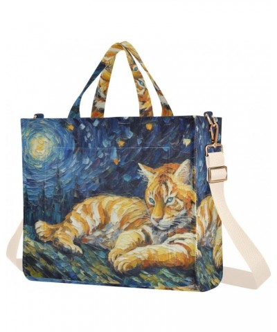 Corduroy Women Tote Bag Van Gogh Tiger Print, Handbag Purses with Detachable Strap Small Size $14.45 Crossbody Bags