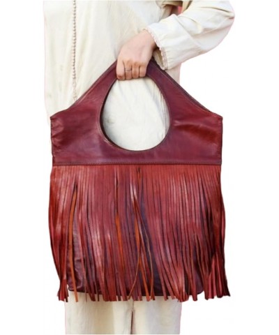 Leather fringe purse crossbody leather tote boho purse large size leather tote bags for women Brown $65.09 Totes