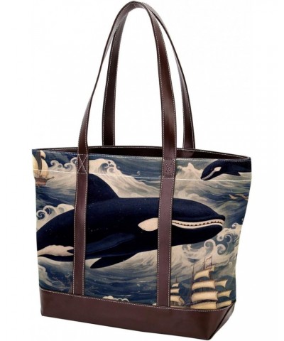 Whale Canvas Leather Mix Hand-Held Bag, 13.3x4.7x12.2 in, Stylish Women's Fashion Shoulder Bag $22.08 Shoulder Bags