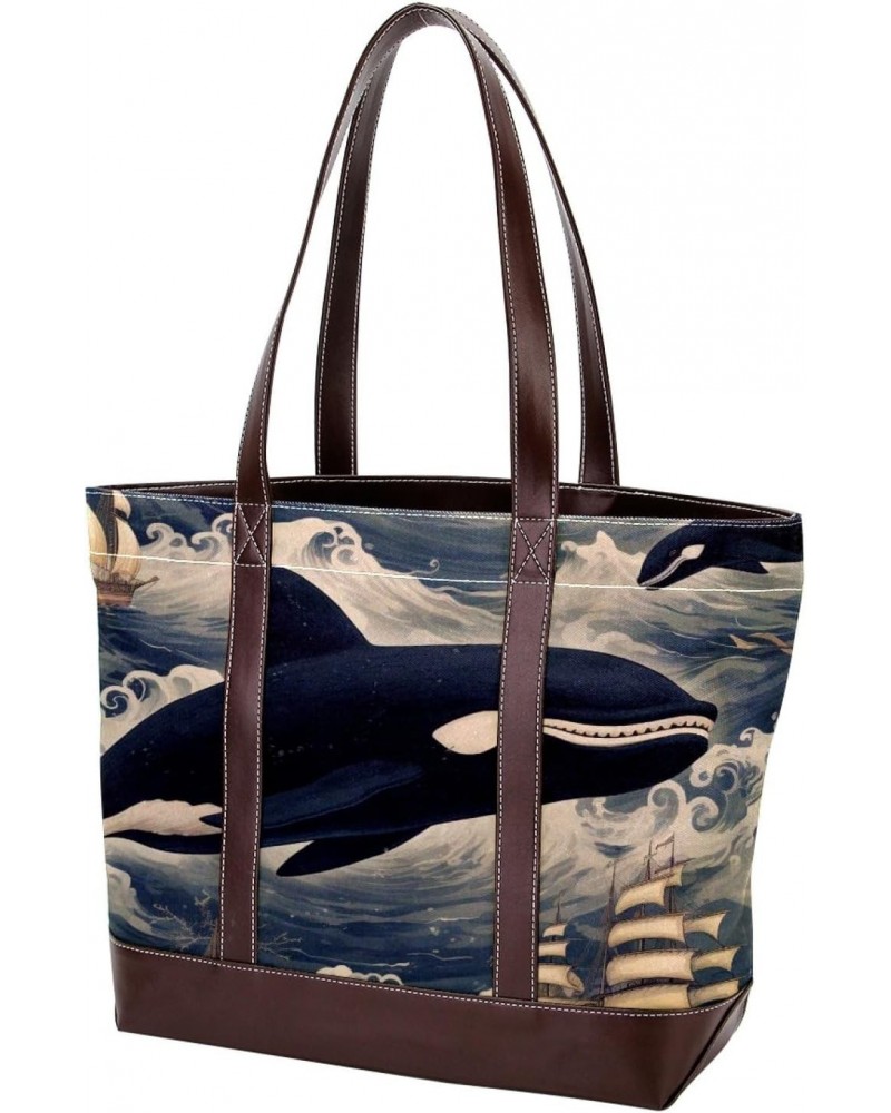 Whale Canvas Leather Mix Hand-Held Bag, 13.3x4.7x12.2 in, Stylish Women's Fashion Shoulder Bag $22.08 Shoulder Bags