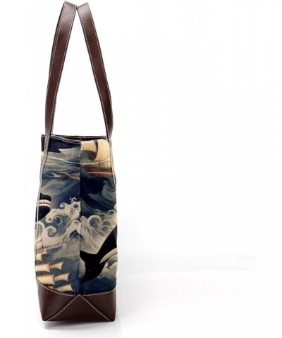 Whale Canvas Leather Mix Hand-Held Bag, 13.3x4.7x12.2 in, Stylish Women's Fashion Shoulder Bag $22.08 Shoulder Bags