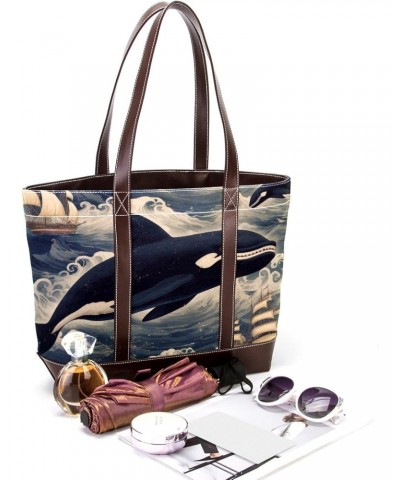 Whale Canvas Leather Mix Hand-Held Bag, 13.3x4.7x12.2 in, Stylish Women's Fashion Shoulder Bag $22.08 Shoulder Bags