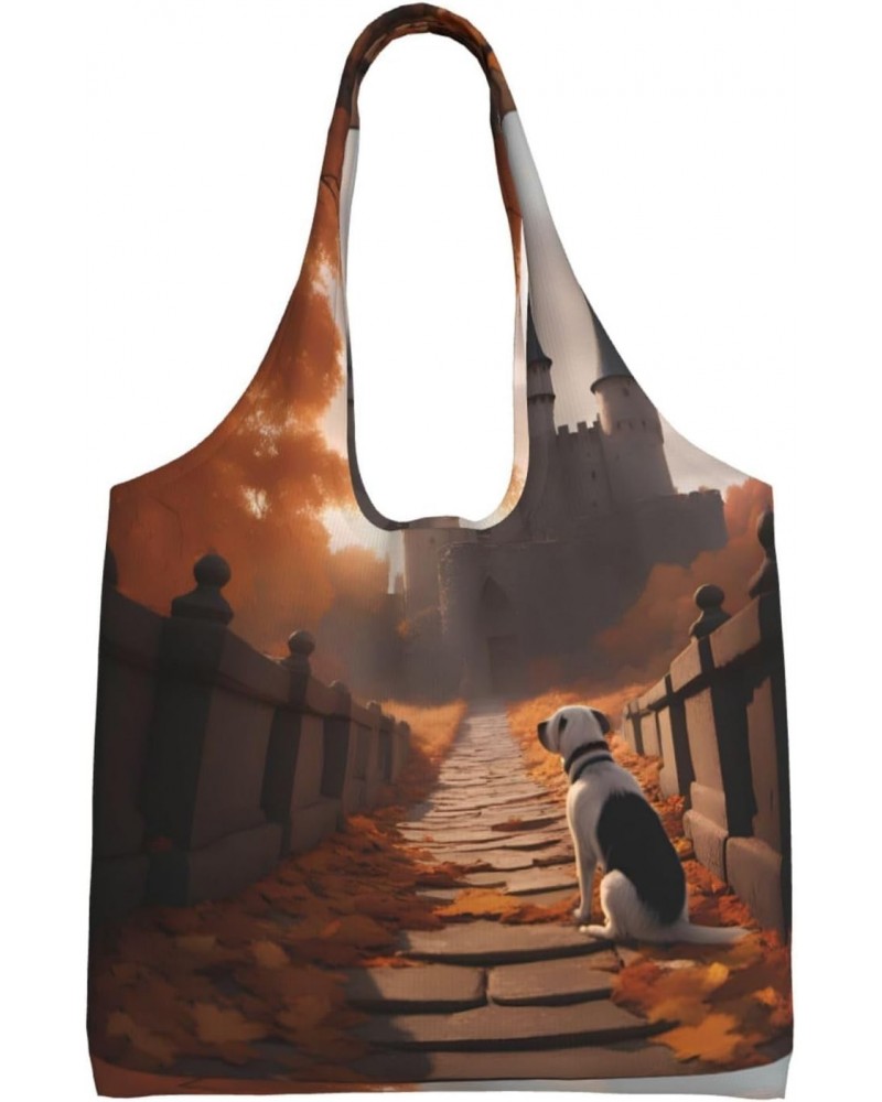 Dogs In The Fall Extra Large Capacity Shoulder Canvas Bag For Shopping Travel Daily Use $13.59 Totes